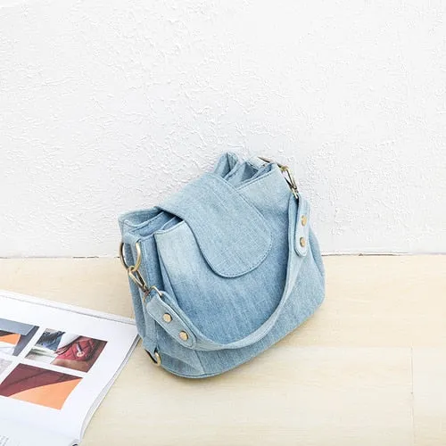 Casual Denim Bucket bag for women Shoulder Crossbody Bag Multiple pockets  ladies handbag Luxury design Female big Totes blue