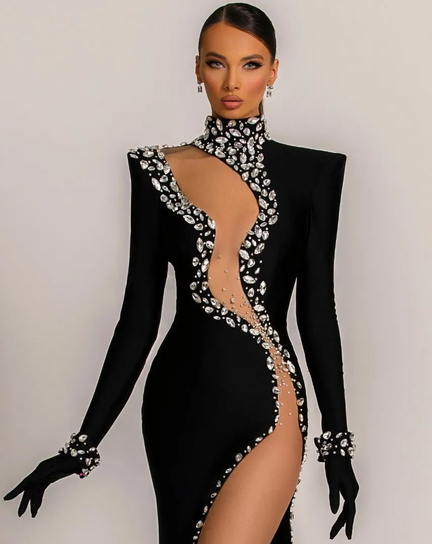 Christina Elegant Long Sleeves With Gloves Black Evening Dress