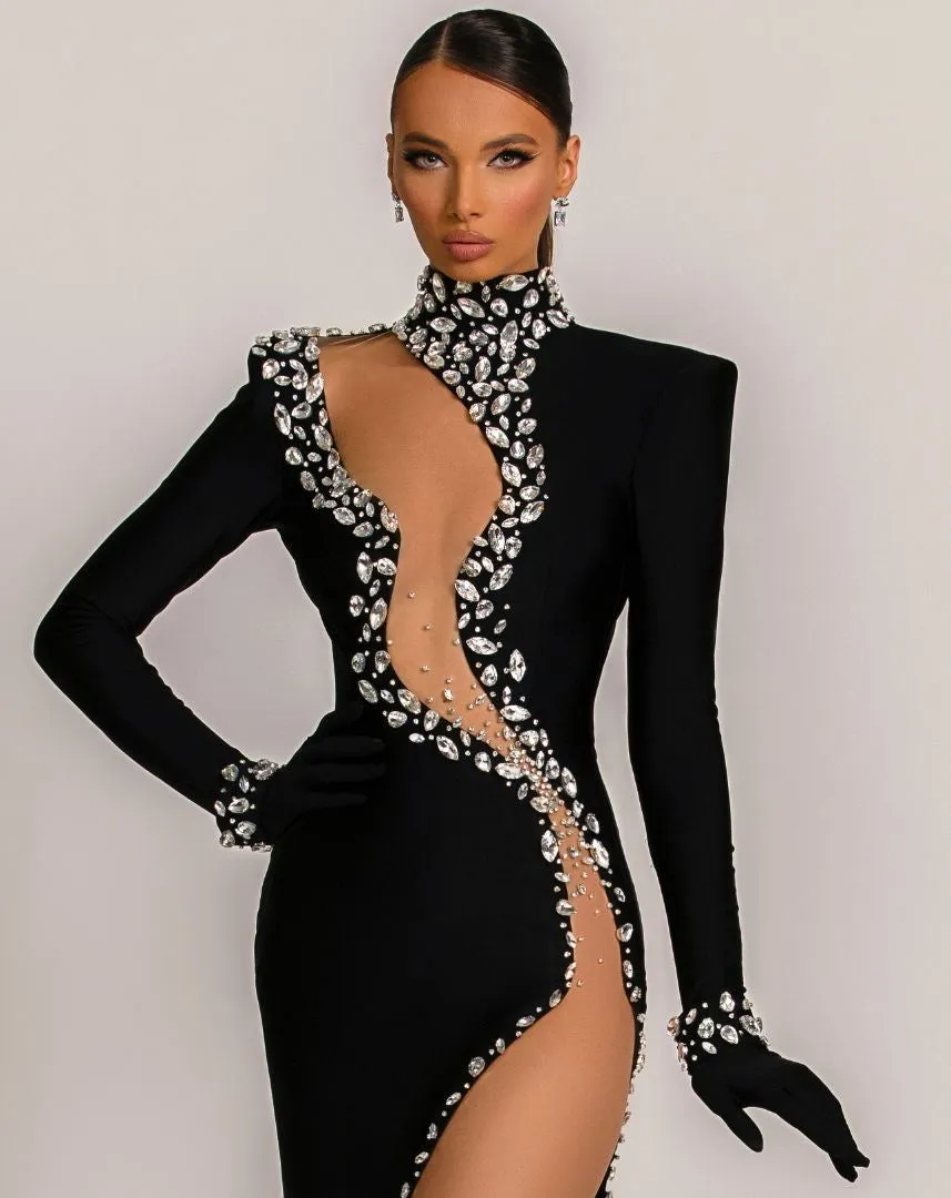 Christina Elegant Long Sleeves With Gloves Black Evening Dress