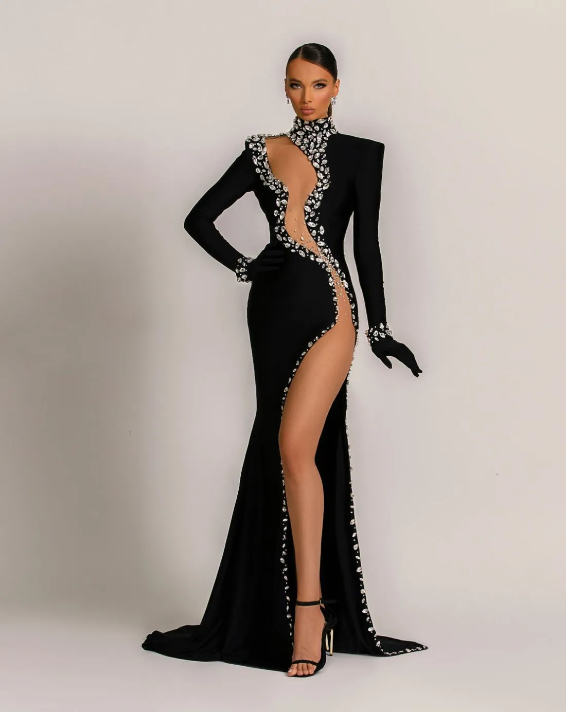 Christina Elegant Long Sleeves With Gloves Black Evening Dress