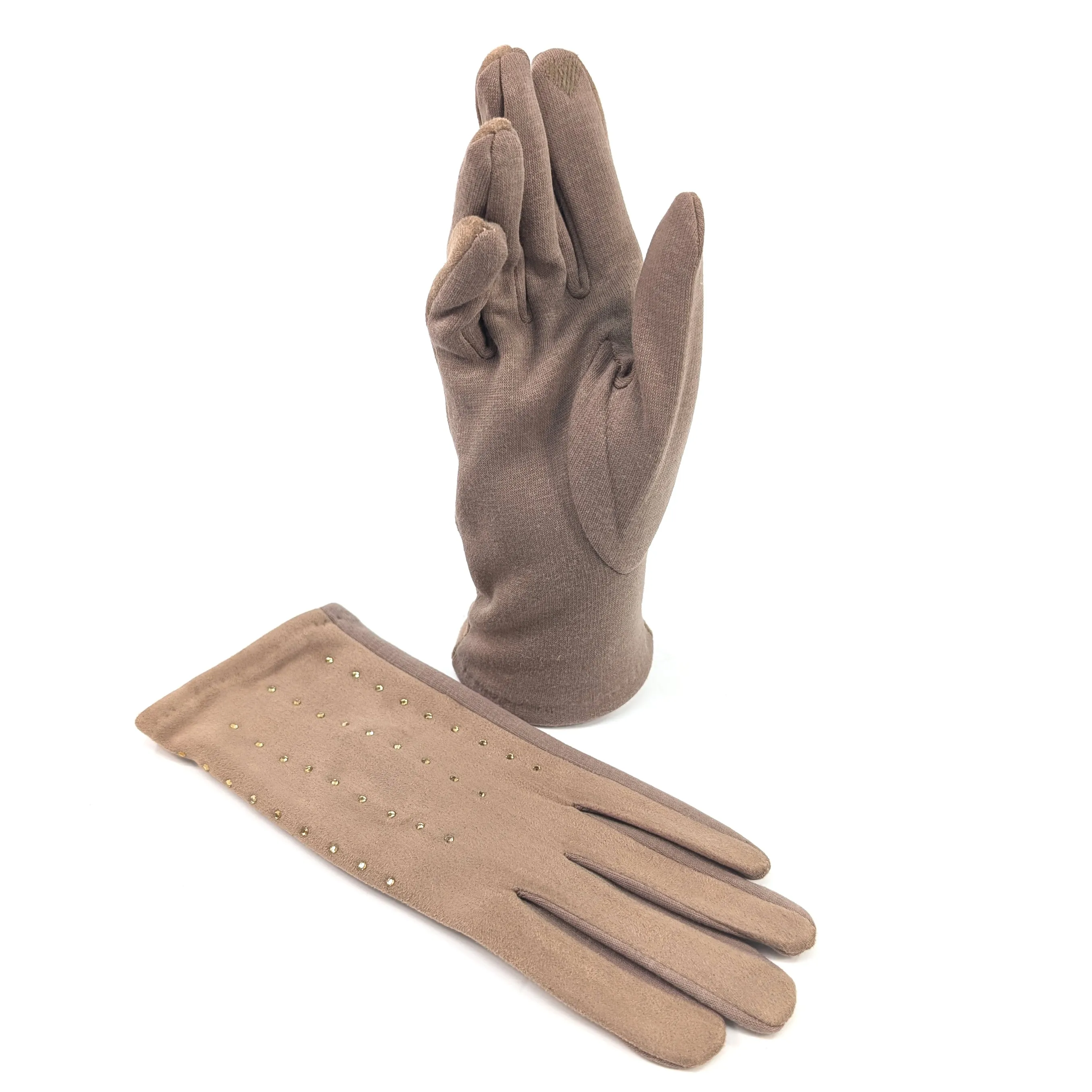 Diamante Suede Style Gloves - Biscuit