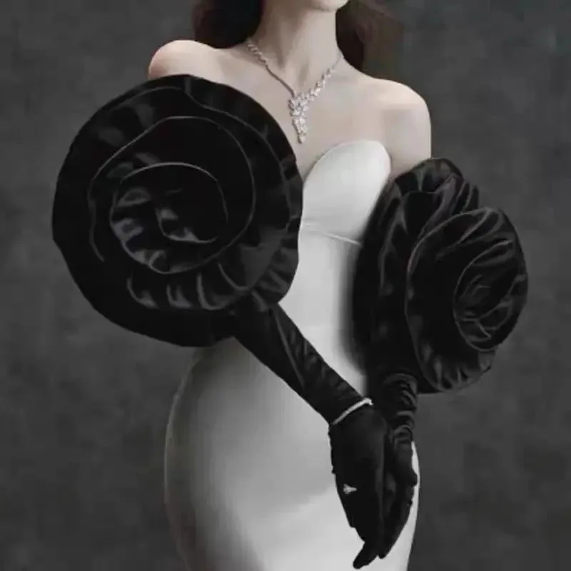 Female's Black Elegant Handmade Satin Flower Gloves Vintage Photography Formal Dress Gloves 2 pcs Set