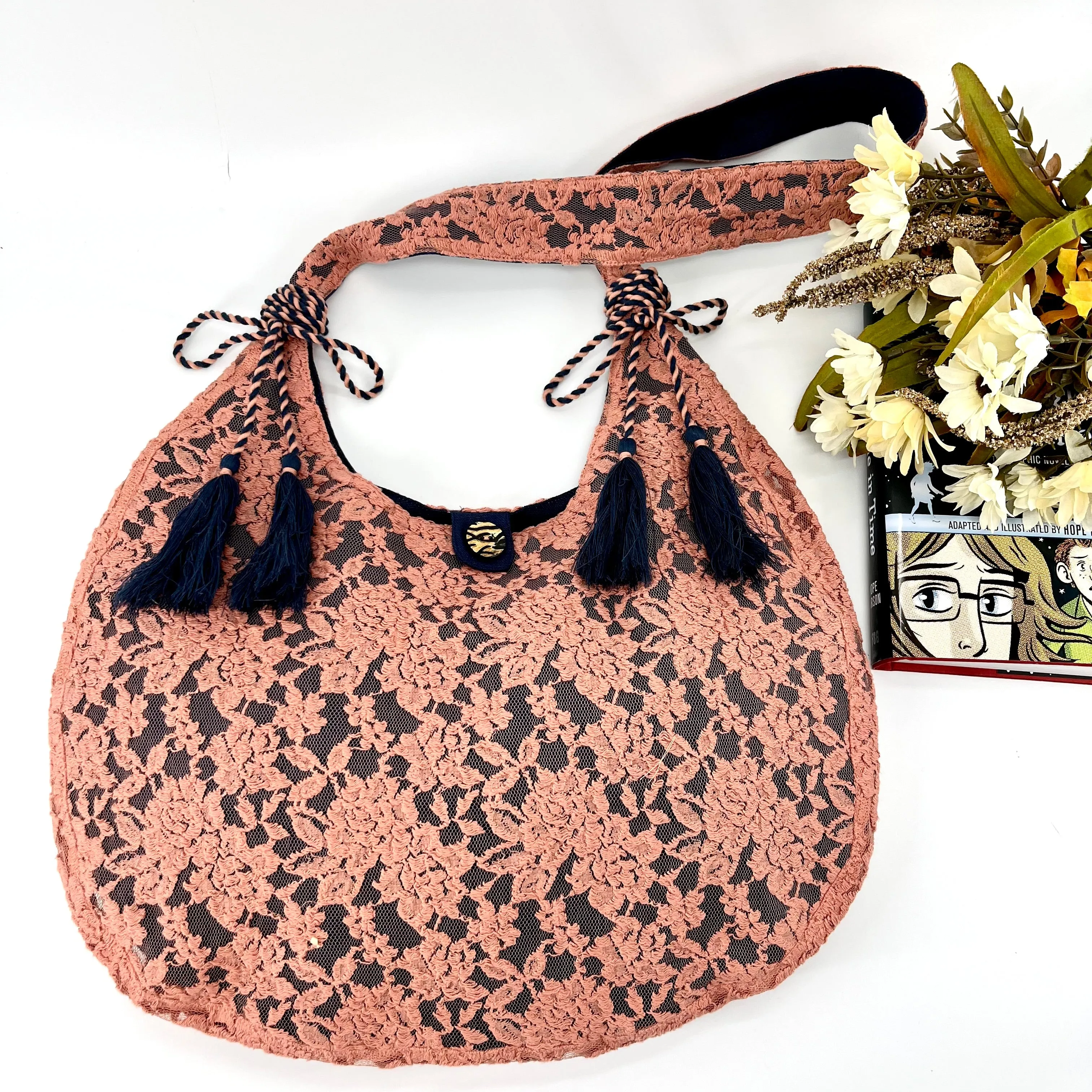 Lace and Canvas Shoulder Bags | Peach