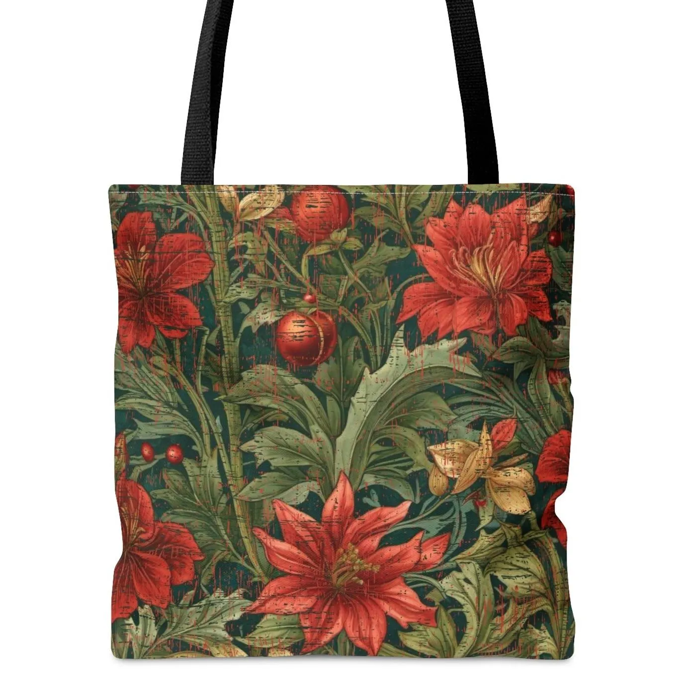 Medium Tote Bag with Red & Green Floral Pattern
