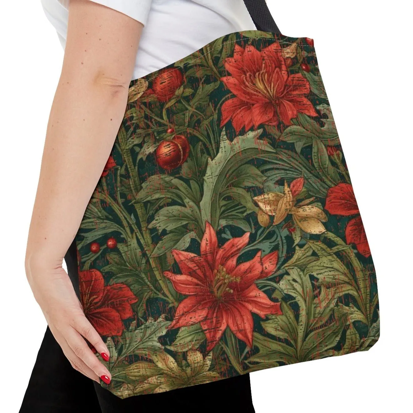 Medium Tote Bag with Red & Green Floral Pattern