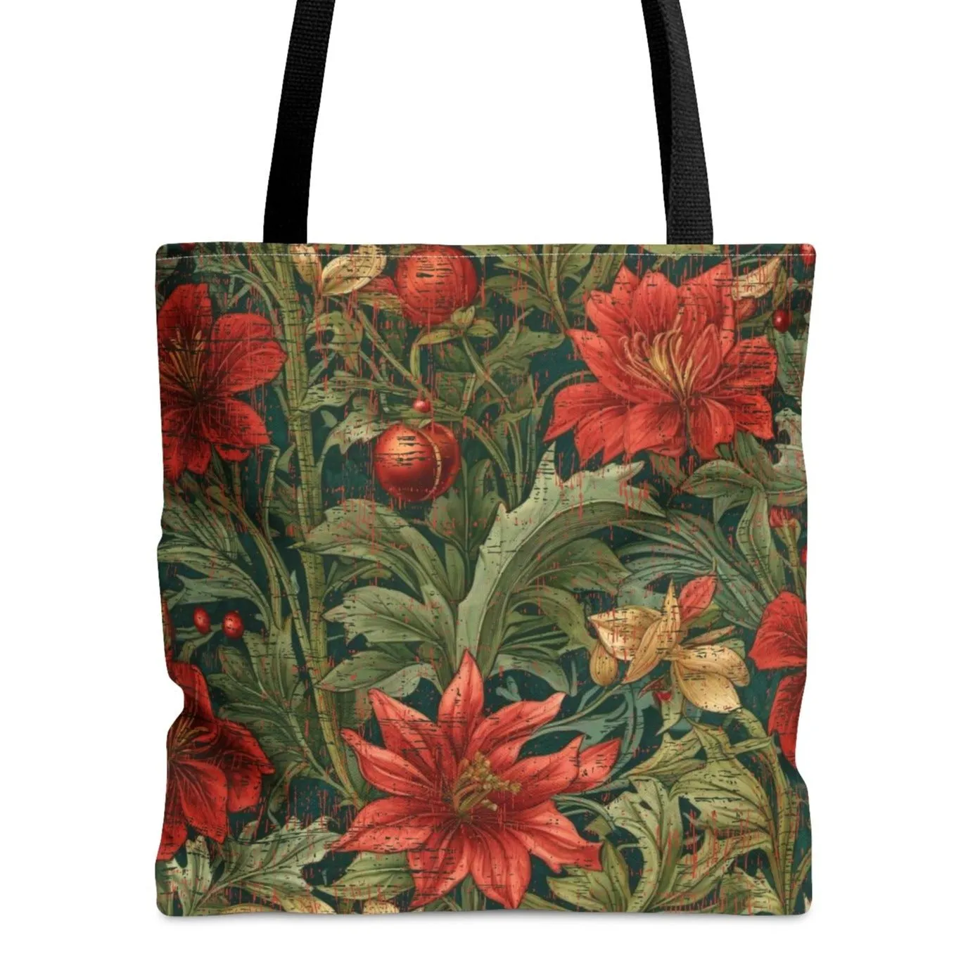 Medium Tote Bag with Red & Green Floral Pattern