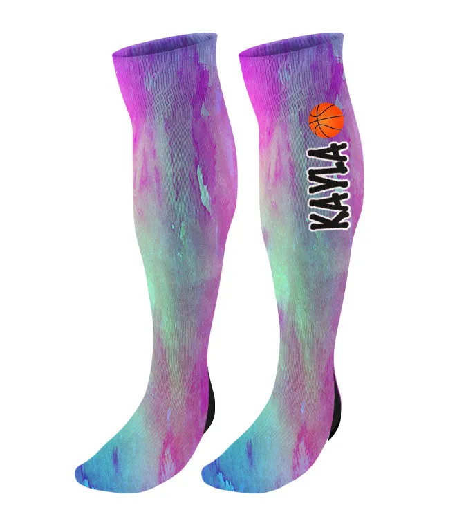 Personalized Basketball Knee High Socks - Watercolor Background