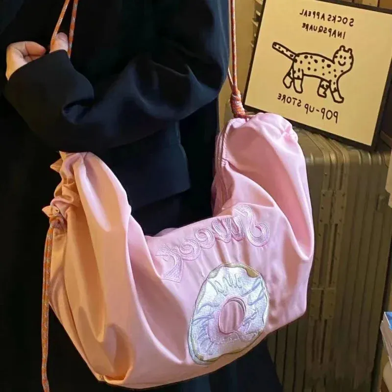 UAKISS  -  High-capacity Crossbody Bags Trendy Donut Embroidery Letter Women Pink Handbags Summer Y2k Aesthetic Kawaii Shoulder Tote Bag