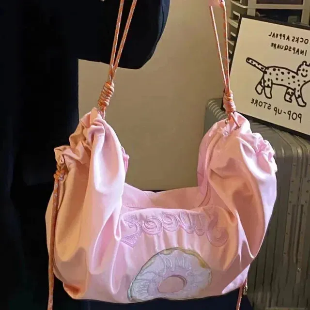 UAKISS  -  High-capacity Crossbody Bags Trendy Donut Embroidery Letter Women Pink Handbags Summer Y2k Aesthetic Kawaii Shoulder Tote Bag