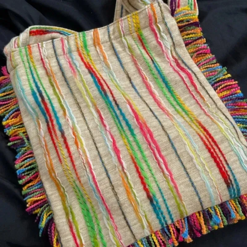 UAKISS  -  Sweet Y2k Aesthetic Rainbow Tassel Crossbody Bag Personality Vintage Grunge Handbags Casual Harajuku Women Shoulder Bags Trendy