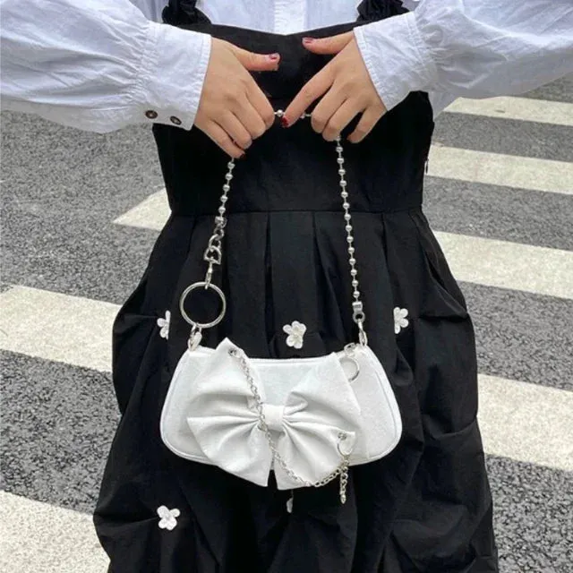 UAKISS  -  Top-Handle Bags for Women Fashion Sweet Bow Heart Chain Shoulder Underarm Cell Phone Bag Trendy Y2k Fairy Solid Casual Handbags