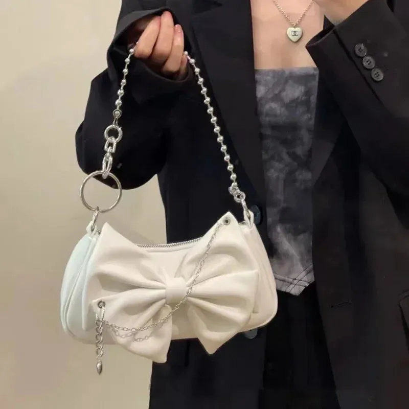 UAKISS  -  Top-Handle Bags for Women Fashion Sweet Bow Heart Chain Shoulder Underarm Cell Phone Bag Trendy Y2k Fairy Solid Casual Handbags