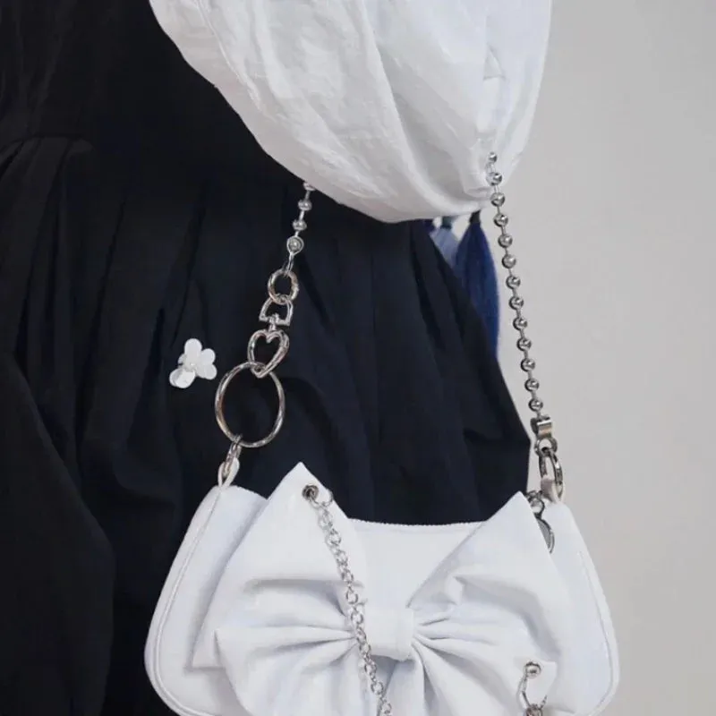 UAKISS  -  Top-Handle Bags for Women Fashion Sweet Bow Heart Chain Shoulder Underarm Cell Phone Bag Trendy Y2k Fairy Solid Casual Handbags