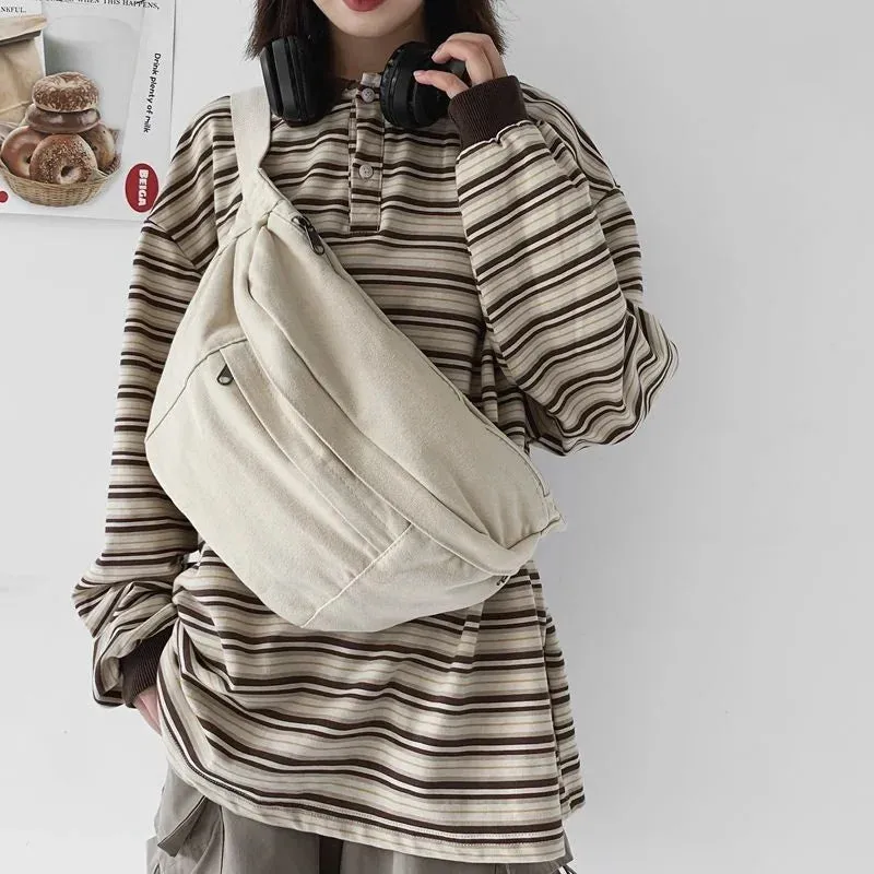 UAKISS  -  Vintage Canvas Y2k Chest Bags Japanese All Match Trendy Men Shoulder Bag High-capacity Grunge Students Crossbody  for Women