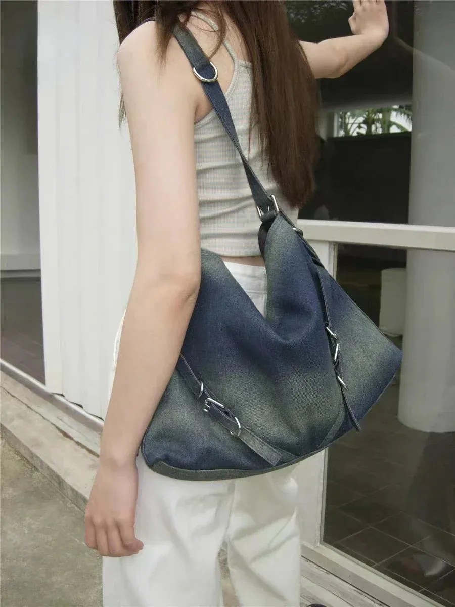UAKISS  -  Vintage Streetwear Y2k Aesthetic Denim Tote Bag 2024 High-capacity Women Shopping Handbags Trendy All Match Casual Shoulder Bags