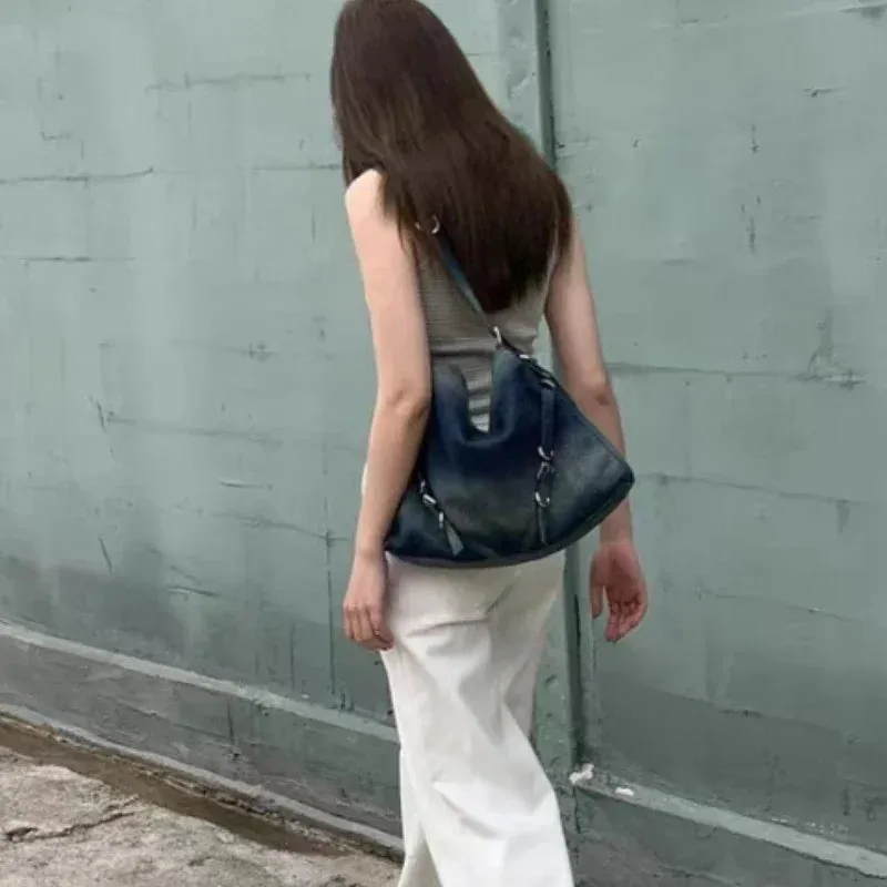 UAKISS  -  Vintage Streetwear Y2k Aesthetic Denim Tote Bag 2024 High-capacity Women Shopping Handbags Trendy All Match Casual Shoulder Bags